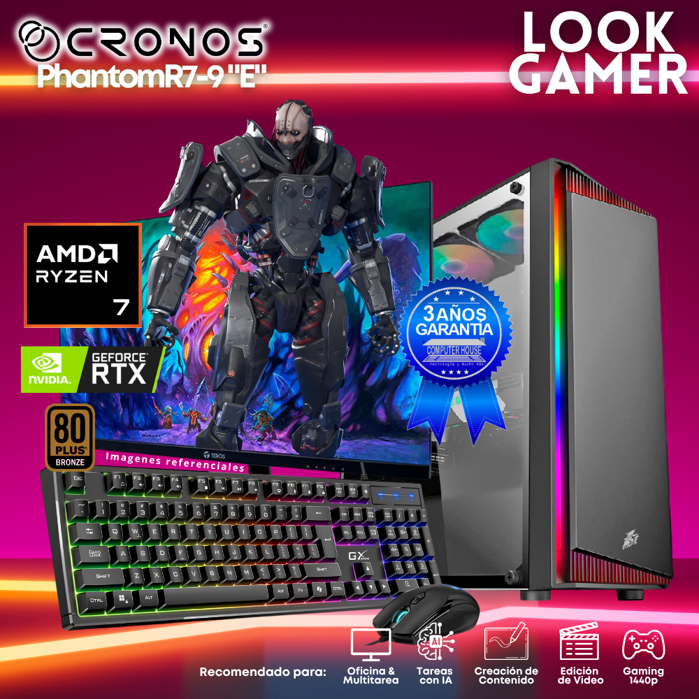 PC Look Gamer CRONOS Phantom R7-9 "E", RAM 16GB DDR5, SSD 1TB, Nvidia GeForce RTX5050 8GB, Monitor 27″ FHD.