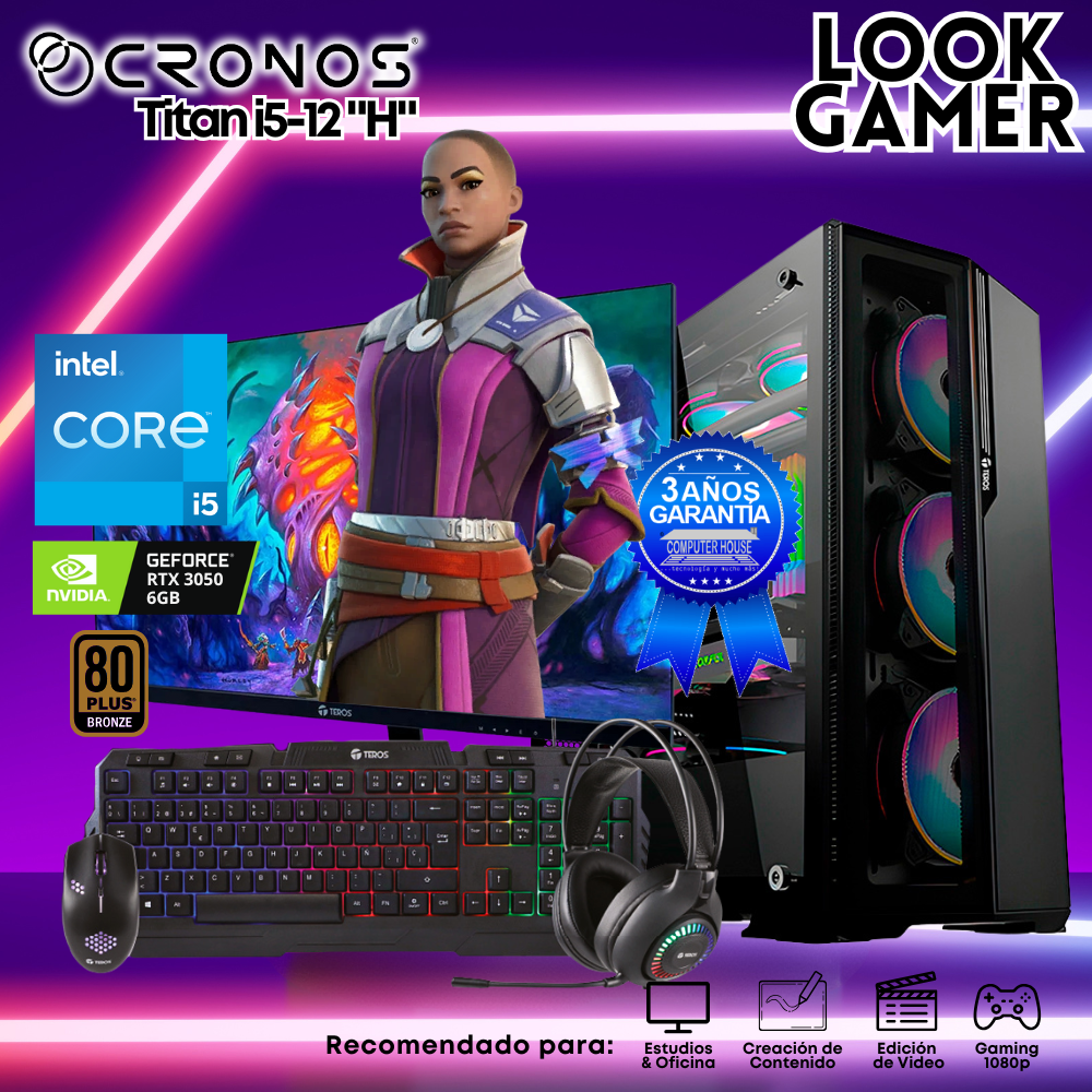 PC Look Gamer CRONOS Titan i5-12 "H", RAM 16GB, SSD 1TB, RTX3050 6GB, Monitor 27″ FHD.