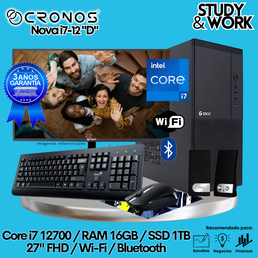 PC CRONOS Nova i7-12 "D", 16GB RAM, 1TB SSD, 27″ FHD Monitor, Wi-Fi &amp; Bluetooth, Keyboard + Mouse Kit, Speakers or Headphones.