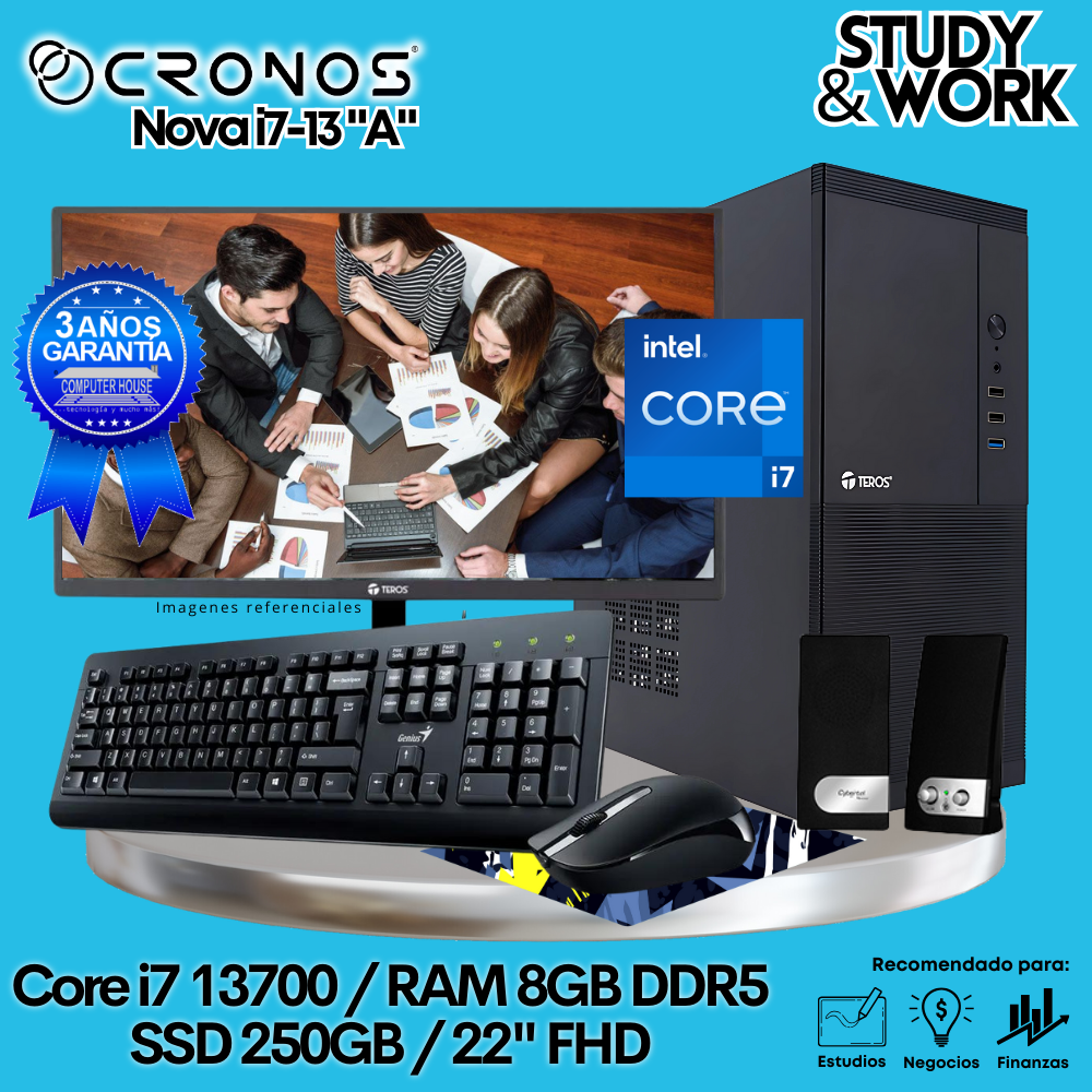 PC CRONOS Nova i7-13 "A", 8GB DDR5 RAM, 250GB SSD, 22″ FHD Monitor, Keyboard + Mouse Kit, Speakers or Headphones.