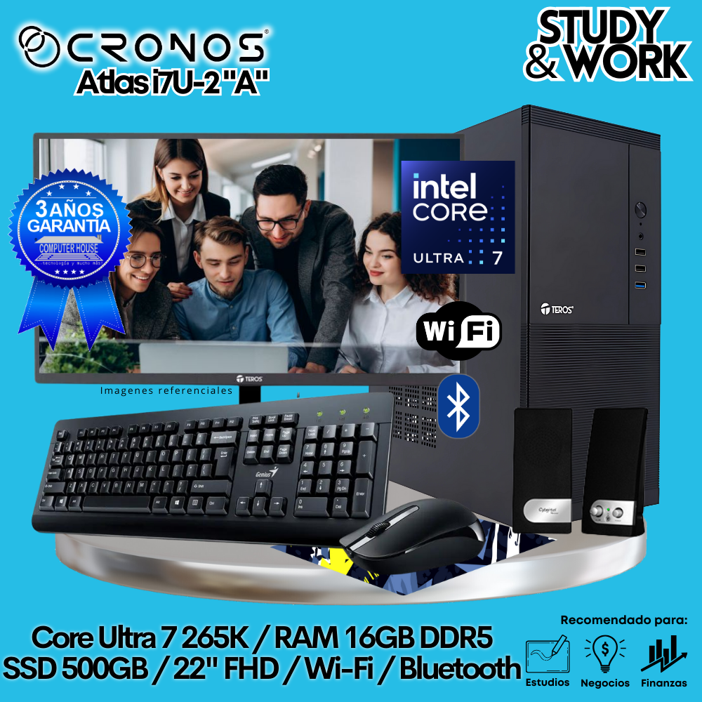 PC CRONOS Nova U7-2 "A", 8GB DDR5 RAM, 500GB SSD, 22″ FHD Monitor, Wi-Fi &amp; Bluetooth, Keyboard + Mouse Kit, Speakers or Headphones.
