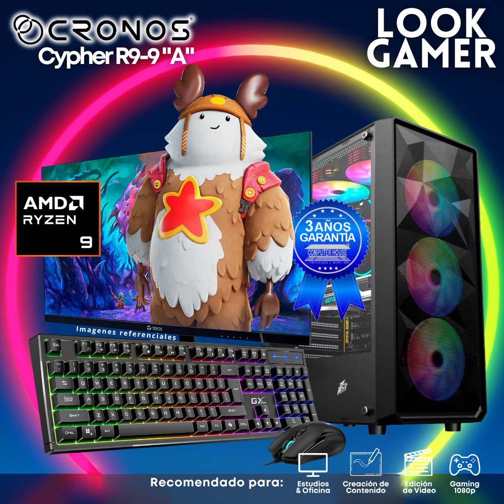 PC Look Gamer CRONOS Cypher R9-9 "A", RAM 8GB DDR5, SSD 500GB, Monitor 24″ FHD.