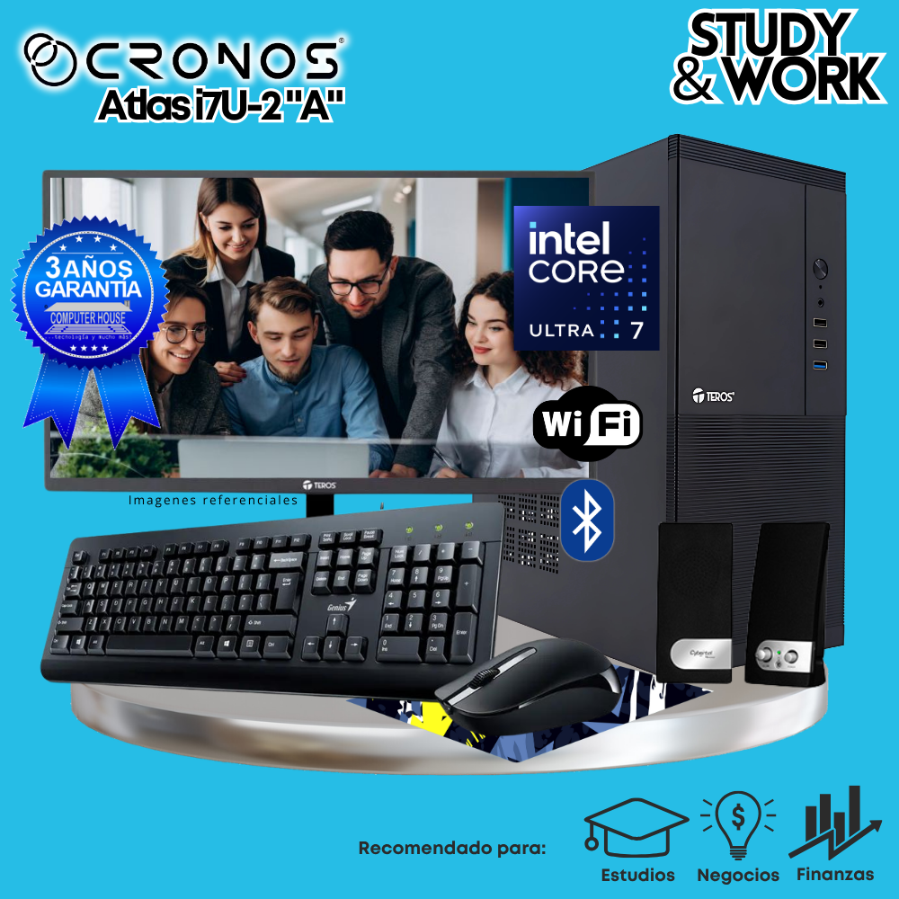 PC CRONOS Nova U7-2 "A", RAM 8GB DDR5, SSD 500GB, Monitor 24″ FHD, Wi-Fi & Bluetooth, Kit Teclado + Mouse, Parlantes o Audífono.