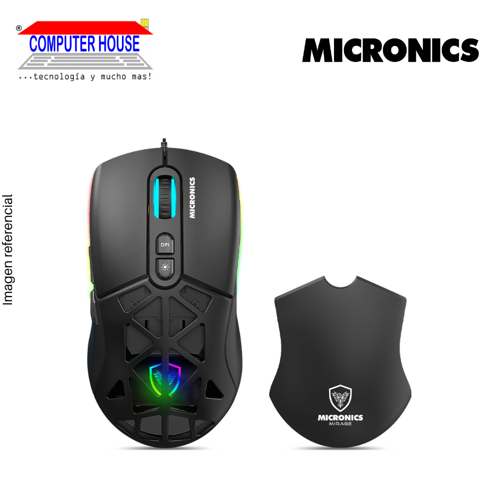 Mouse Gamer Alámbrico MICRONICS Mirage GM890, RGB, 12800 DPI, Conexión USB-A.