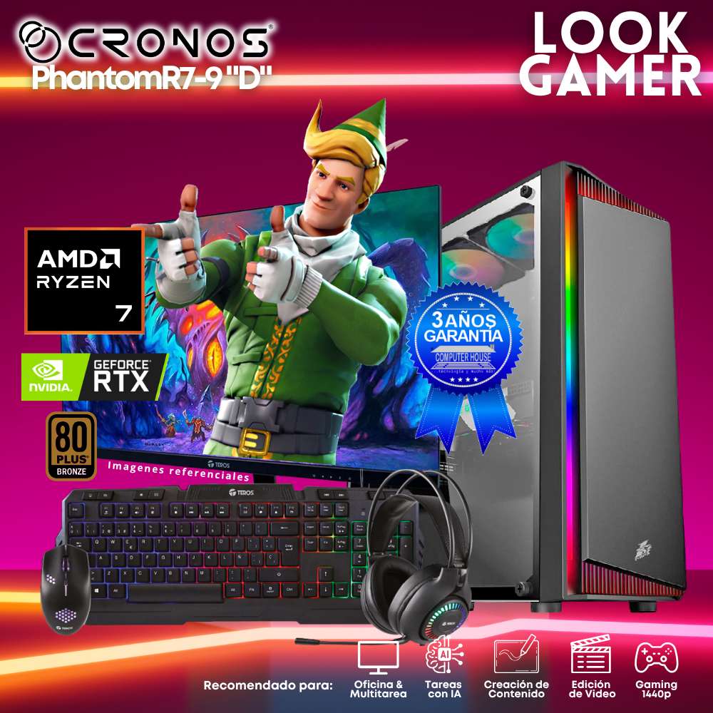 PC Look Gamer CRONOS Phantom R7-9 "D", RAM 16GB DDR5, SSD 500GB, Nvidia GeForce RTX3050 6GB, Monitor 27″ FHD.
