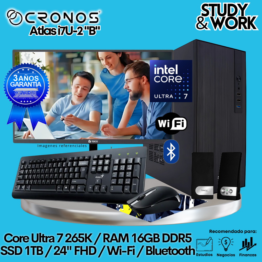 PC CRONOS Nova U7-2 "B", 16GB DDR5 RAM, 1TB SSD, 24″ FHD Monitor, Wi-Fi &amp; Bluetooth, Keyboard + Mouse Kit, Speakers or Headphones.