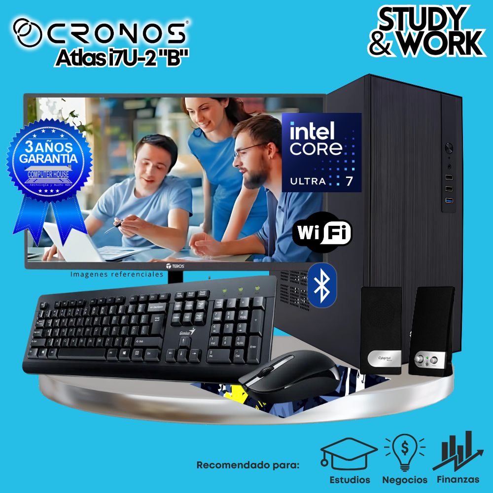 PC CRONOS Nova U7-2 "B", RAM 16GB DDR5, SSD 1TB, Monitor 24″ FHD, Wi-Fi & Bluetooth, Kit Teclado + Mouse, Parlantes o Audífono.