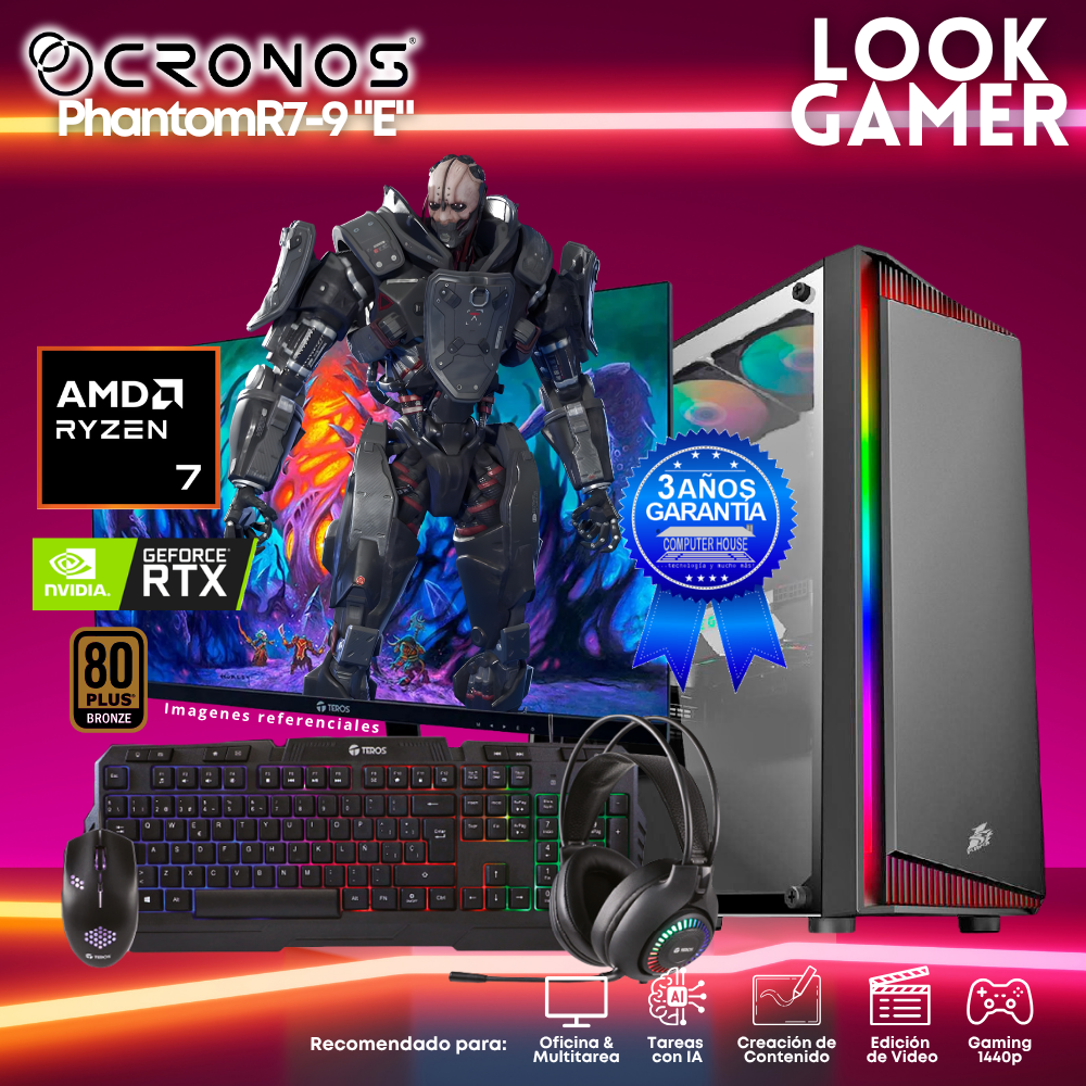 PC Look Gamer CRONOS Phantom R7-9 "E", RAM 16GB DDR5, SSD 1TB, Nvidia GeForce RTX5050 8GB, Monitor 27″ FHD.
