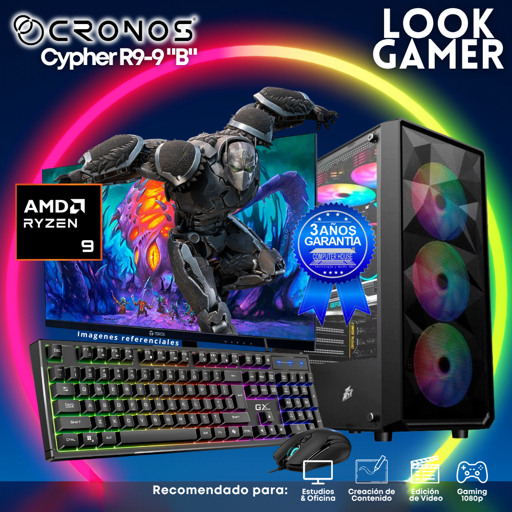PC Look Gamer CRONOS Cypher R9-9 "B", RAM 16GB DDR5, SSD 500GB, Monitor 24″ FHD.