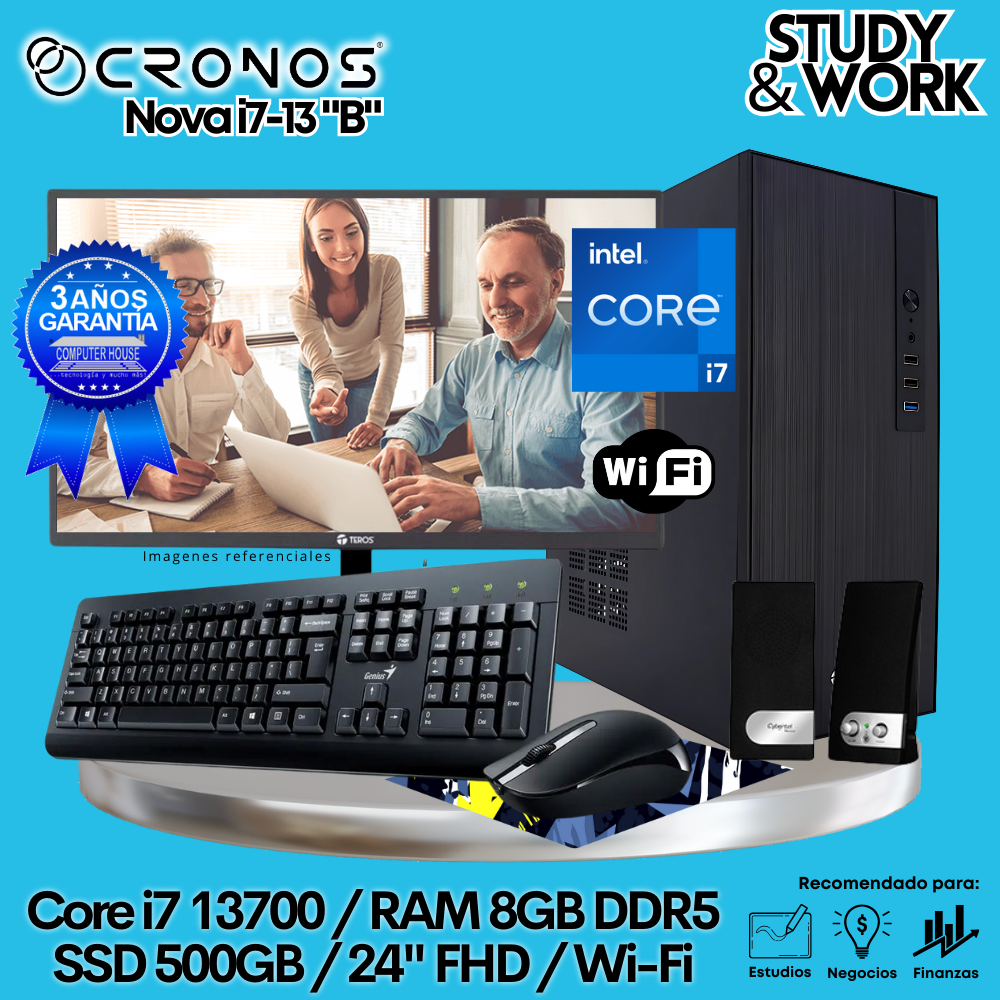 PC CRONOS Nova i7-13 "B", 8GB DDR5 RAM, 500GB SSD, 24″ FHD Monitor, Wi-Fi, Keyboard + Mouse Kit, Speakers or Headphones.