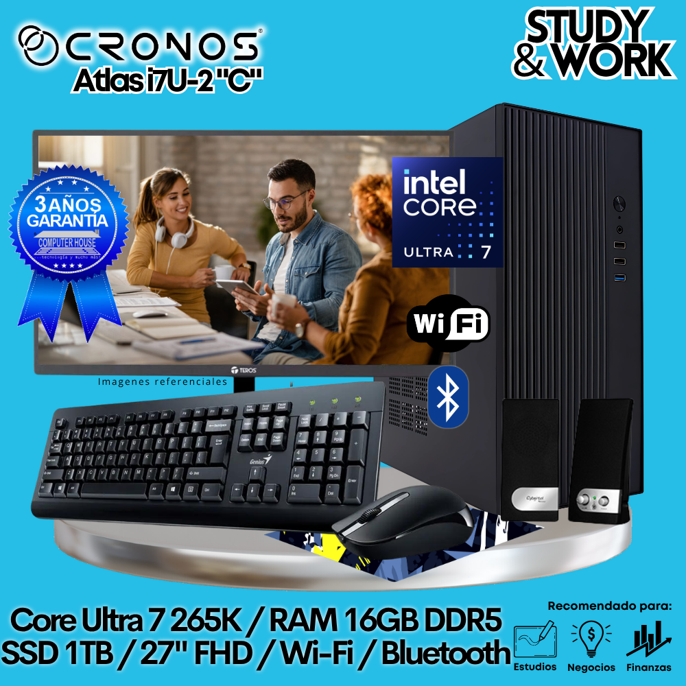 PC CRONOS Nova U7-2 "C", RAM 16GB DDR5, SSD 1TB, Monitor 27″ FHD, Wi-Fi & Bluetooth, Kit Teclado + Mouse, Parlantes o Audífono.