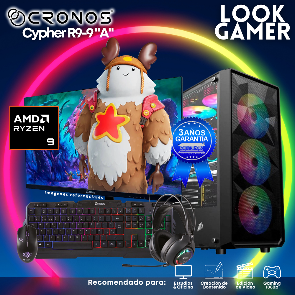 PC Look Gamer CRONOS Cypher R9-9 "A", RAM 8GB DDR5, SSD 500GB, Monitor 24″ FHD.
