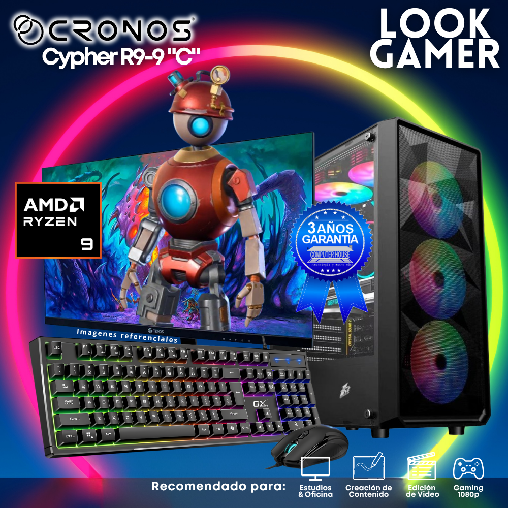 PC Look Gamer CRONOS Cypher R9-9 "C", RAM 16GB DDR5, SSD 1TB, Monitor 27″ FHD.