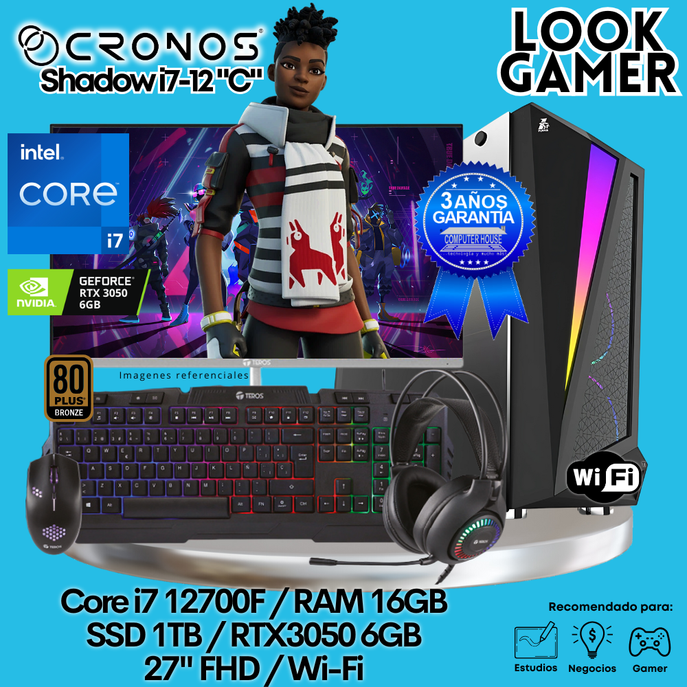 PC Look Gamer CRONOS Shadow i7-12 "C", RAM 16GB, SSD 1TB, RTX3050 6GB, Monitor 27″ FHD, Wi-Fi.