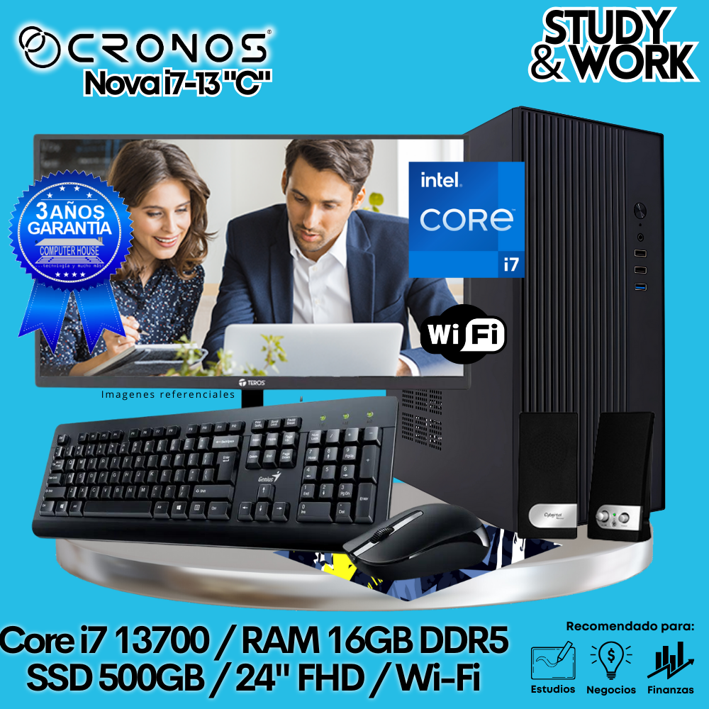 PC CRONOS Nova i7-13 "C", 16GB DDR5 RAM, 500GB SSD, 24″ FHD Monitor, Wi-Fi, Keyboard + Mouse Kit, Speakers or Headphones.