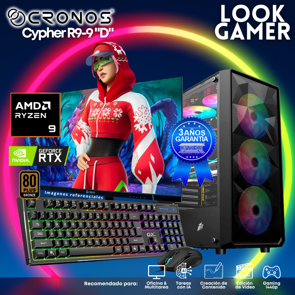 PC Look Gamer CRONOS Cypher R9-9 "D", RAM 16GB DDR5, SSD 500GB, Nvidia GeForce RTX3050 6GB, Monitor 27″ FHD.