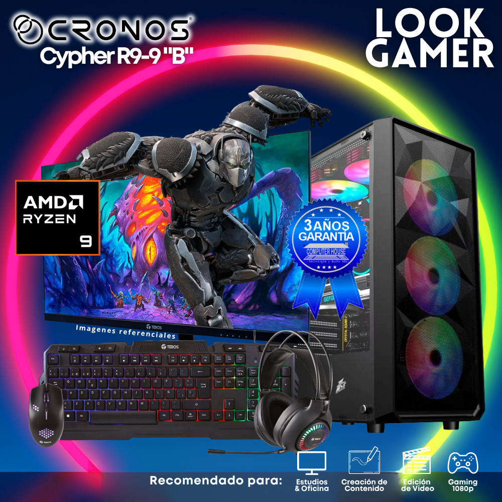 PC Look Gamer CRONOS Cypher R9-9 "B", RAM 16GB DDR5, SSD 500GB, Monitor 24″ FHD.