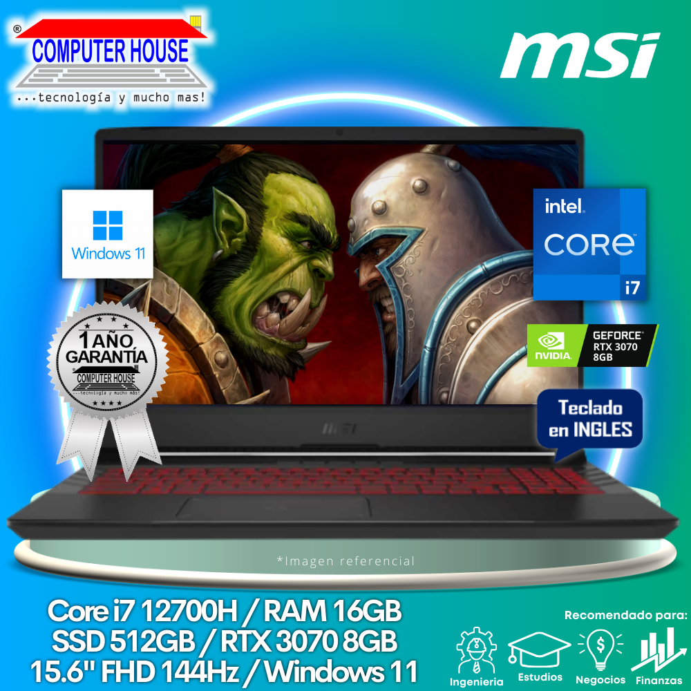 Laptop MSI Pulse GL66, Core i7-12700H, RAM 16GB, SSD 512GB , Video RTX3070 8GB, 15.6″ FHD 144Hz, Teclado en Inglés, Windows 11.