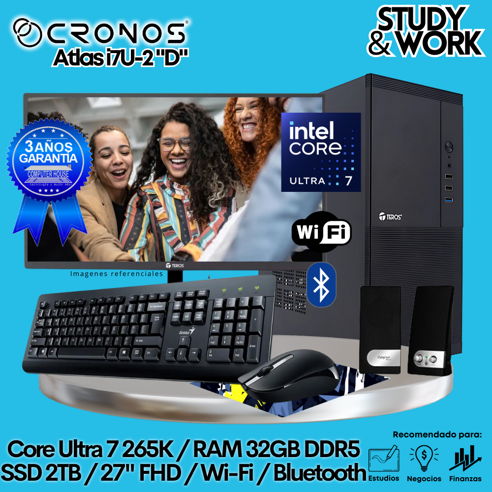 PC CRONOS Nova U7-2 "D", 32GB DDR5 RAM, 2TB SSD, 27″ FHD Monitor, Wi-Fi &amp; Bluetooth, Keyboard + Mouse Kit, Speakers or Headphones.