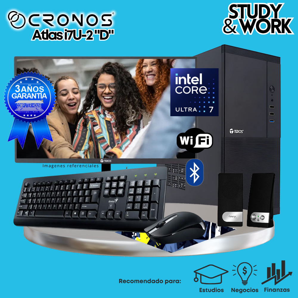 PC CRONOS Nova U7-2 "D", RAM 32GB DDR5, SSD 2TB, Monitor 27″ FHD, Wi-Fi & Bluetooth, Kit Teclado + Mouse, Parlantes o Audífono.
