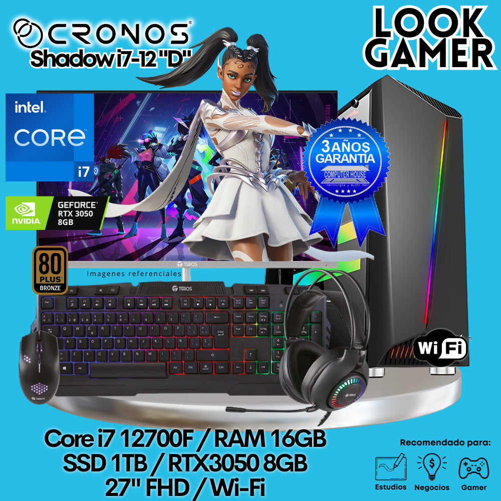 PC Look Gamer CRONOS Shadow i7-12 "D", RAM 16GB, SSD 1TB, RTX3050 8GB, Monitor 27″ FHD, Wi-Fi.