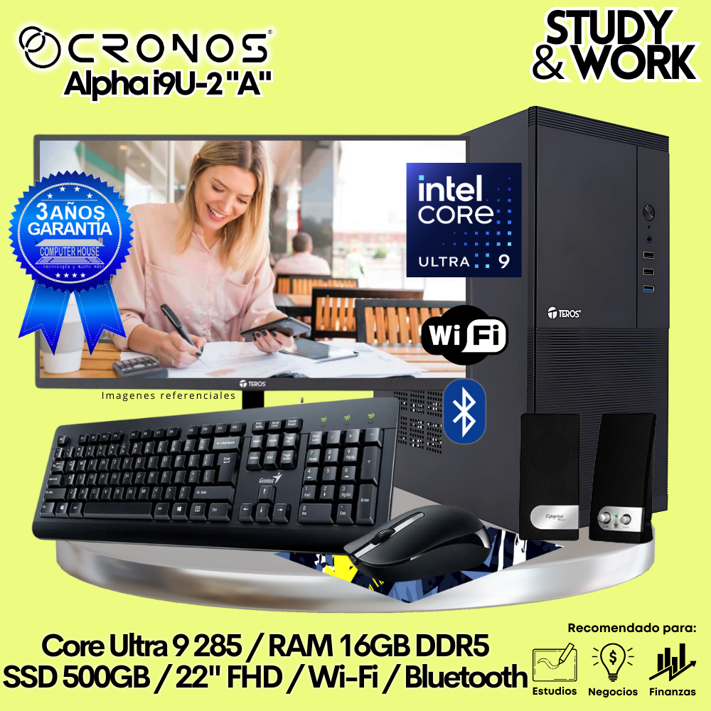 PC CRONOS Alpha U9-2 "A", 8GB DDR5 RAM, 500GB SSD, 22″ FHD Monitor, Wi-Fi &amp; Bluetooth, Keyboard + Mouse Kit, Speakers or Headphones.