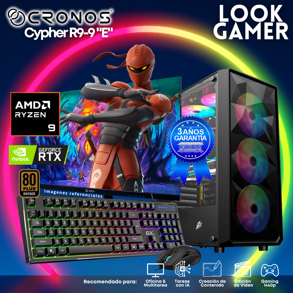 PC Look Gamer CRONOS Cypher R9-9 "E", RAM 16GB DDR5, SSD 1TB, Nvidia GeForce RTX5050 8GB, Monitor 27″ FHD.