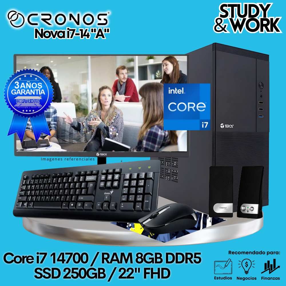 PC CRONOS Nova i7-14 "A", 8GB DDR5 RAM, 250GB SSD, 22″ FHD Monitor, Keyboard + Mouse Kit, Speakers or Headphones.