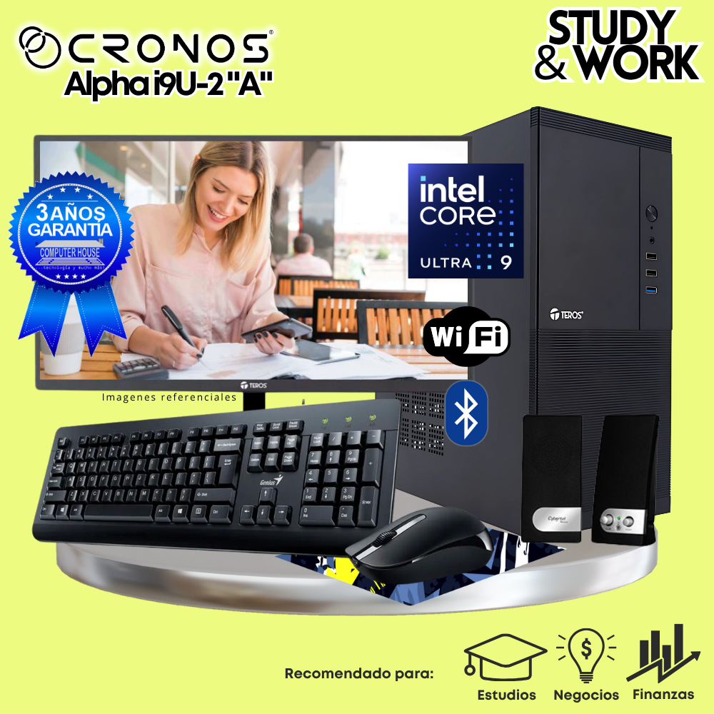 PC CRONOS Alpha U9-2 "A", RAM 8GB DDR5, SSD 500GB, Monitor 24″ FHD, Wi-Fi & Bluetooth, Kit Teclado + Mouse, Parlantes o Audífono.