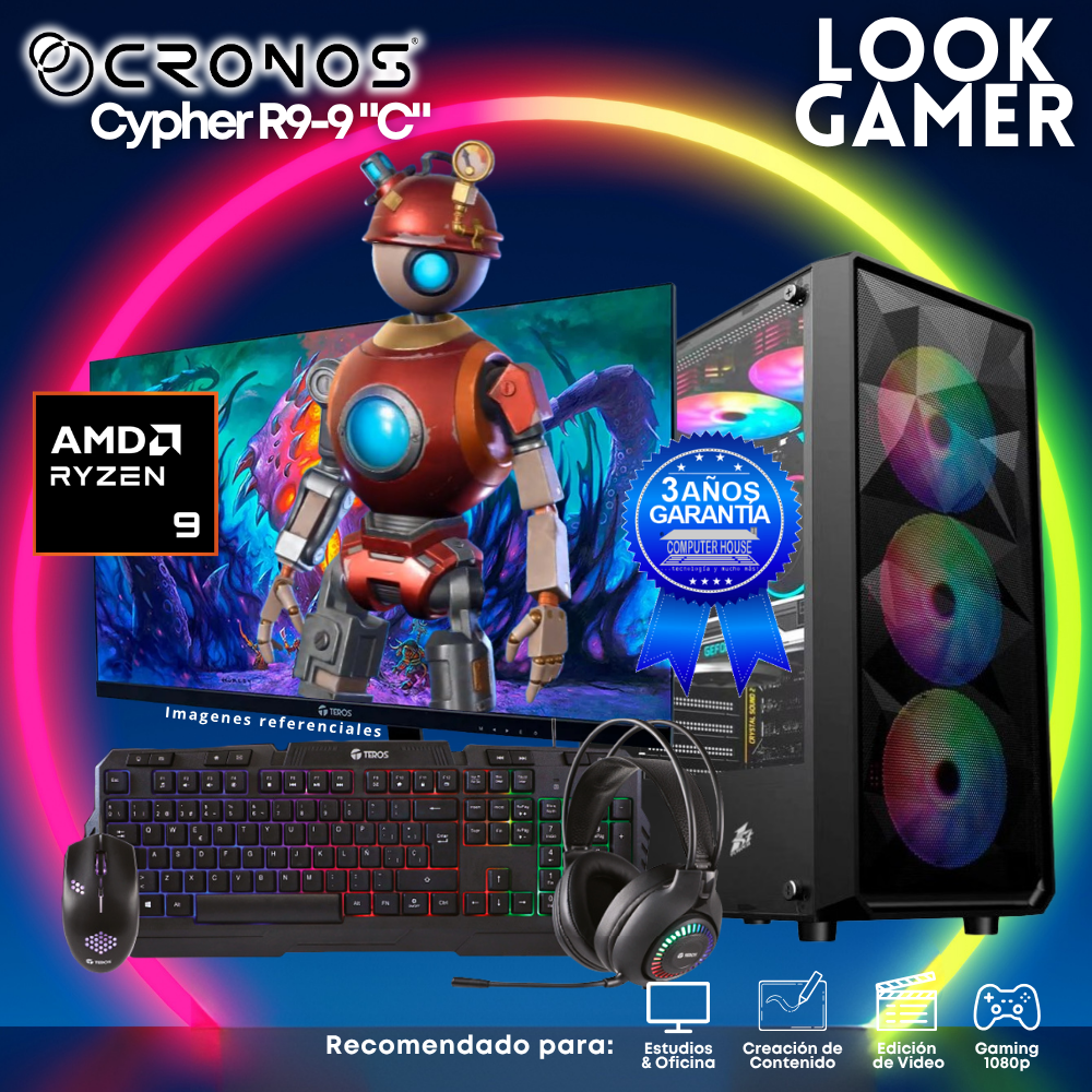 PC Look Gamer CRONOS Cypher R9-9 "C", RAM 16GB DDR5, SSD 1TB, Monitor 27″ FHD.