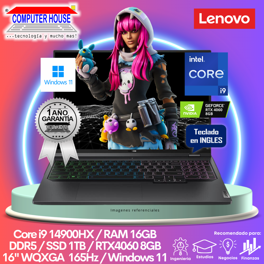 Laptop LENOVO Legion Pro, Core i9-14900HX, RAM 16GB DDR5, SSD 1TB, Video RTX4060 8GB, 16″  WQXGA 165Hz, Teclado en Inglés, Windows 11.