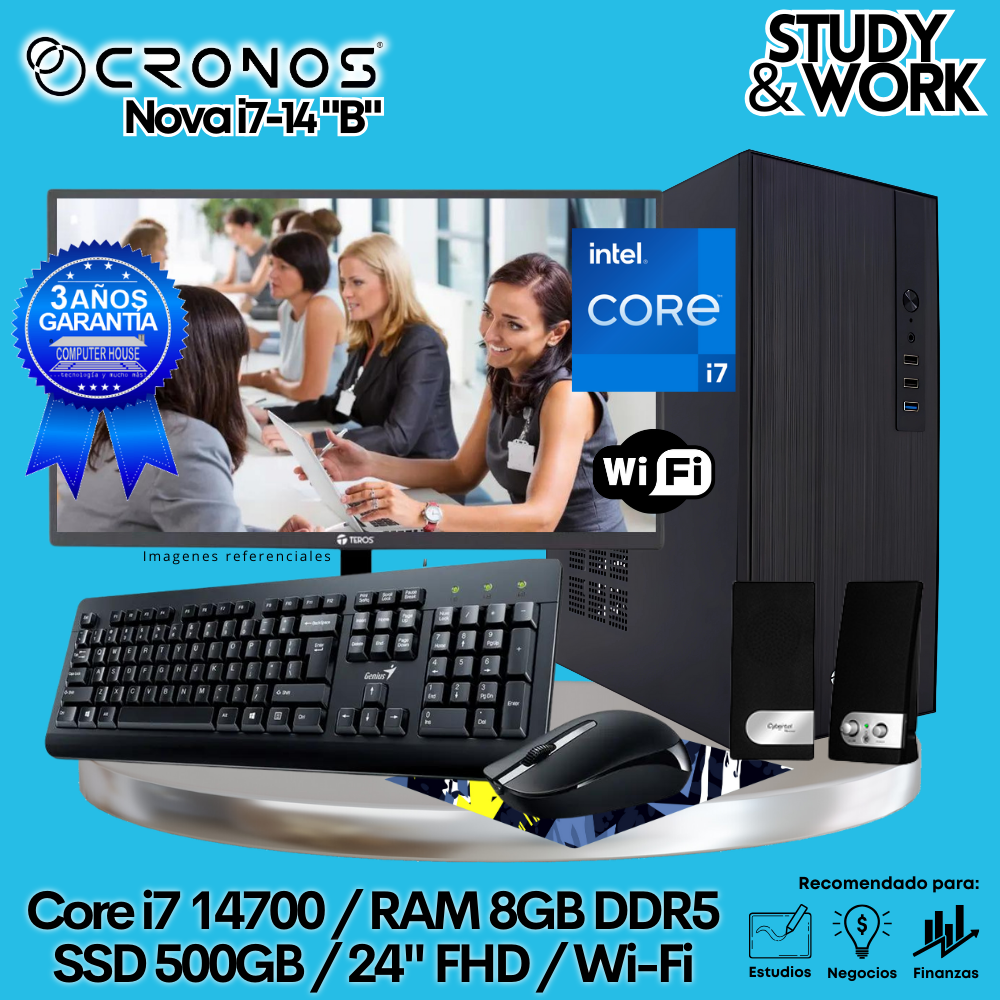 PC CRONOS Nova i7-14 "B", 8GB DDR5 RAM, 500GB SSD, 24″ FHD Monitor, Wi-Fi, Keyboard + Mouse Kit, Speakers or Headphones.