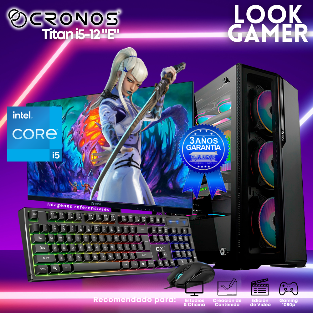 PC Look Gamer CRONOS Titan i5-12 "E", RAM 8GB, SSD 500GB, Monitor 24″ FHD.
