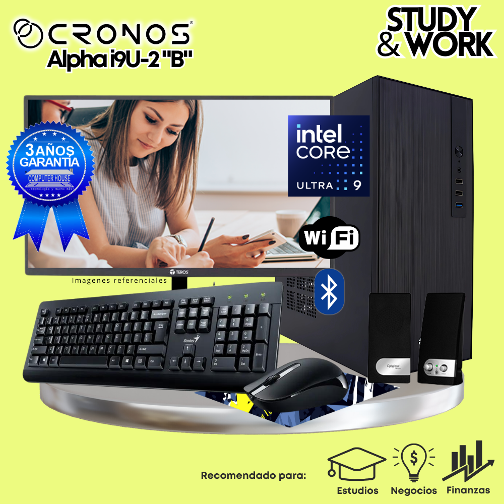 PC CRONOS Alpha U9-2 "B", RAM 16GB DDR5, SSD 1TB, Monitor 24″ FHD, Wi-Fi & Bluetooth, Kit Teclado + Mouse, Parlantes o Audífono.