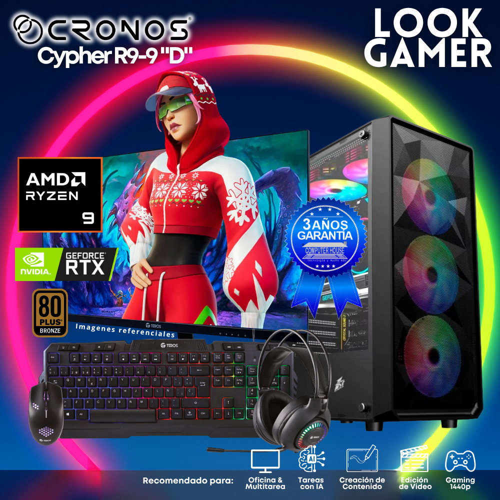 PC Look Gamer CRONOS Cypher R9-9 "D", RAM 16GB DDR5, SSD 500GB, Nvidia GeForce RTX3050 6GB, Monitor 27″ FHD.