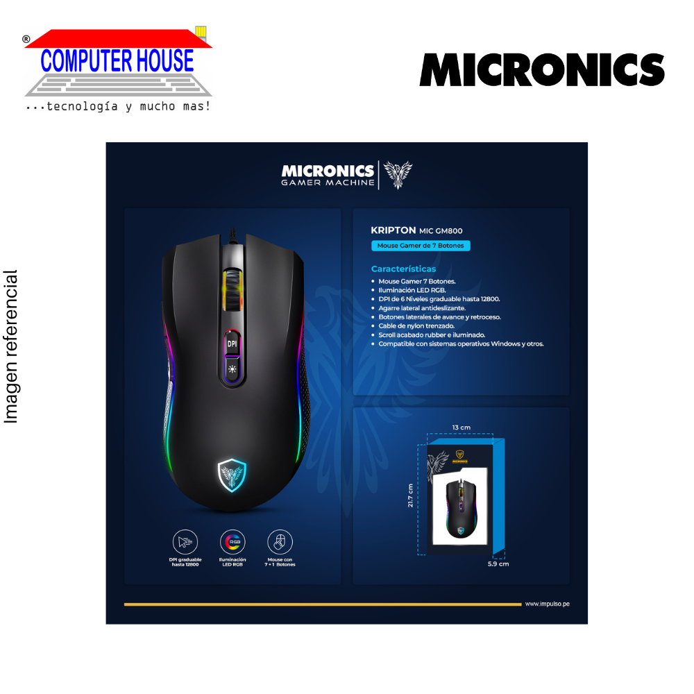 Mouse Gamer Alámbrico MICRONICS Kripton GM800, RGB, 12800 DPI, Conexión USB-A.