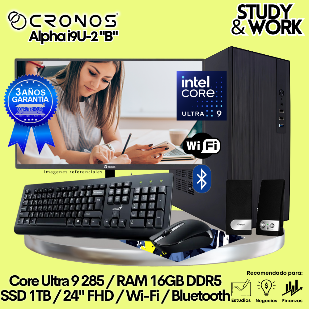 PC CRONOS Alpha U9-2 "B", 16GB DDR5 RAM, 1TB SSD, 24″ FHD Monitor, Wi-Fi &amp; Bluetooth, Keyboard + Mouse Kit, Speakers or Headphones.