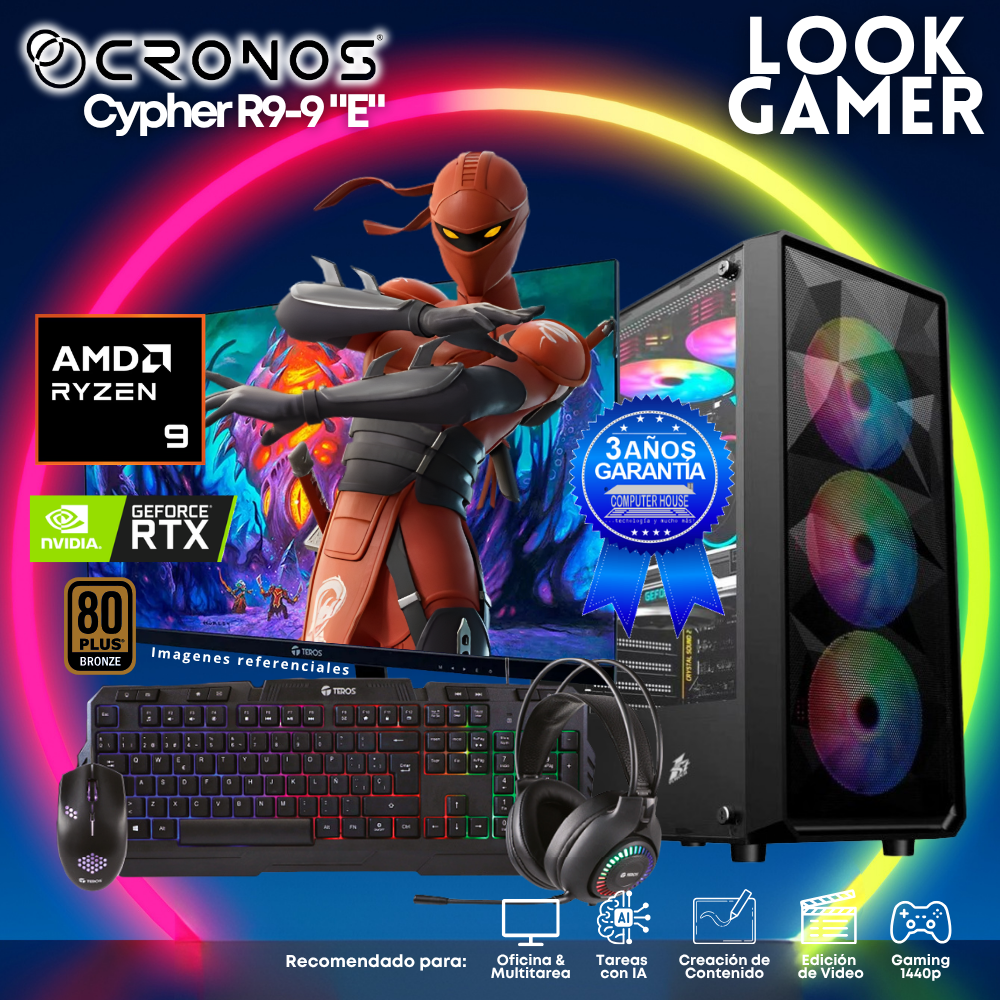 PC Look Gamer CRONOS Cypher R9-9 "E", RAM 16GB DDR5, SSD 1TB, Nvidia GeForce RTX5050 8GB, Monitor 27″ FHD.