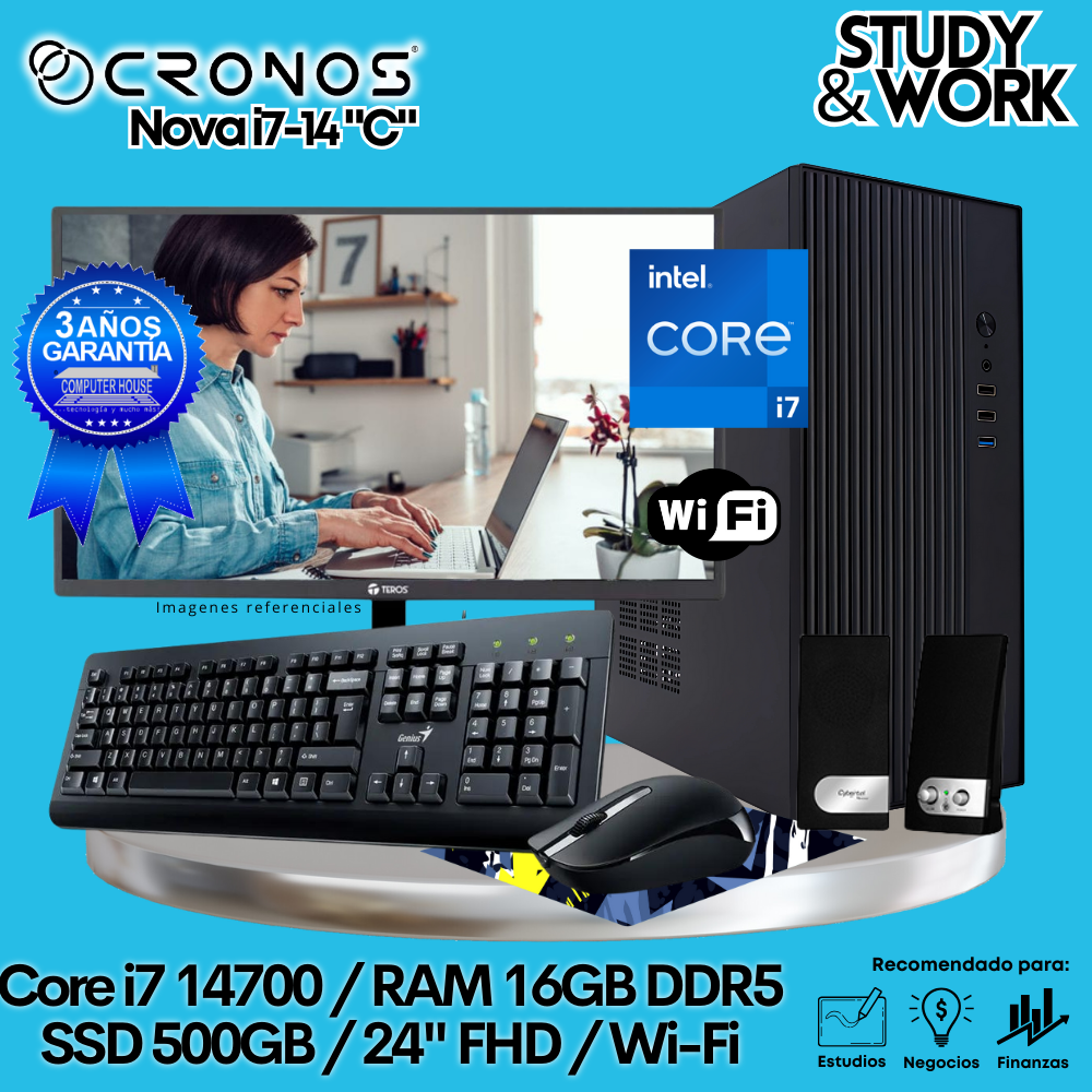PC CRONOS Nova i7-14 "C", 16GB DDR5 RAM, 500GB SSD, 24″ FHD Monitor, Wi-Fi, Keyboard + Mouse Kit, Speakers or Headphones.