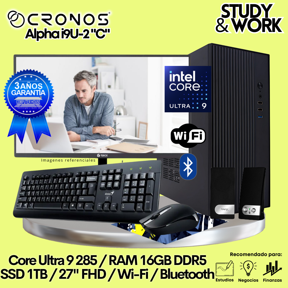 PC CRONOS Alpha U9-2 "C", 16GB DDR5 RAM, 2TB SSD, 24″ FHD Monitor, Wi-Fi &amp; Bluetooth, Keyboard + Mouse Kit, Speakers or Headphones.