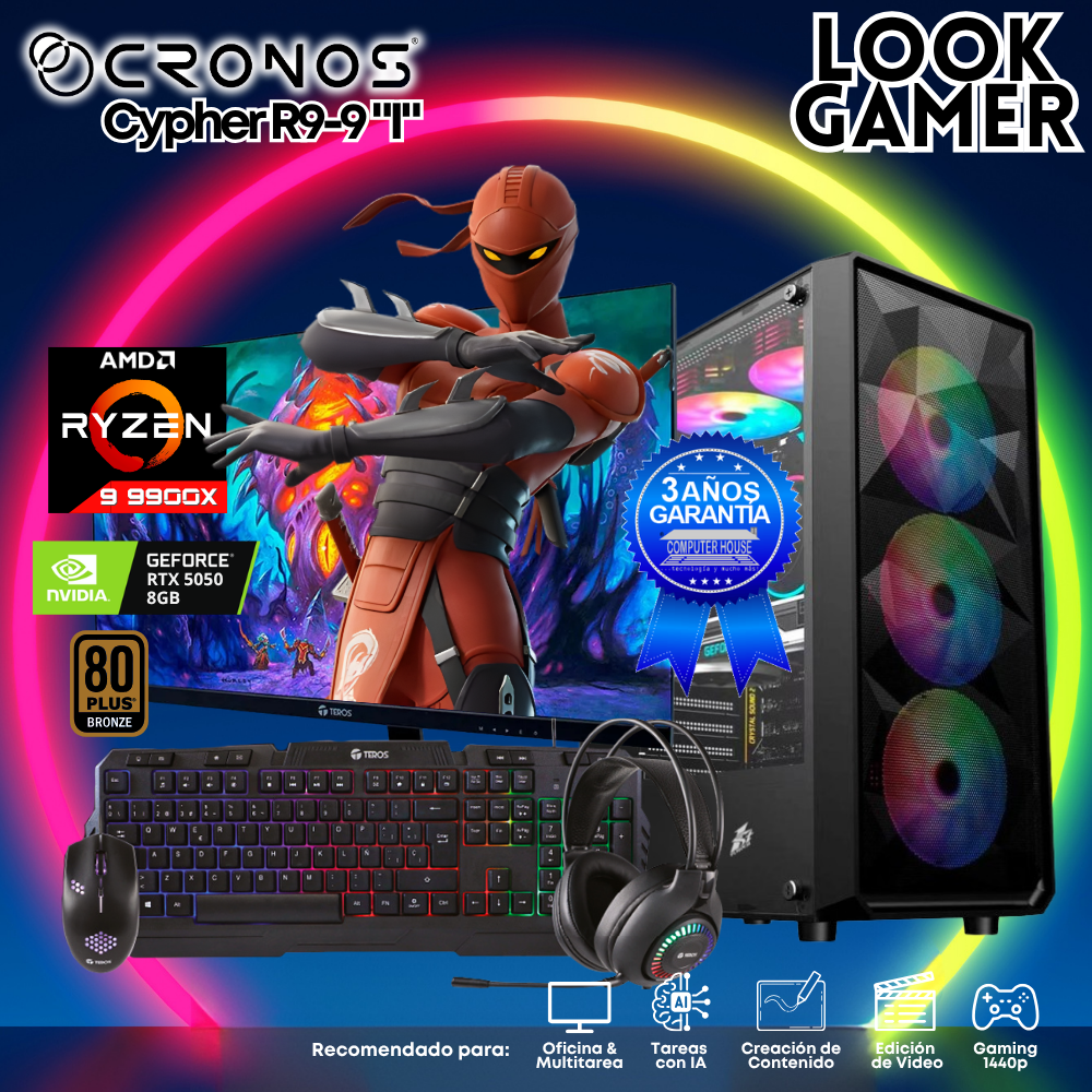 PC Look Gamer CRONOS Cypher R9-9 "I", RAM 16GB DDR5, SSD 1TB, Monitor 27″ FHD, Nvidia GeForce RTX5050 8GB.