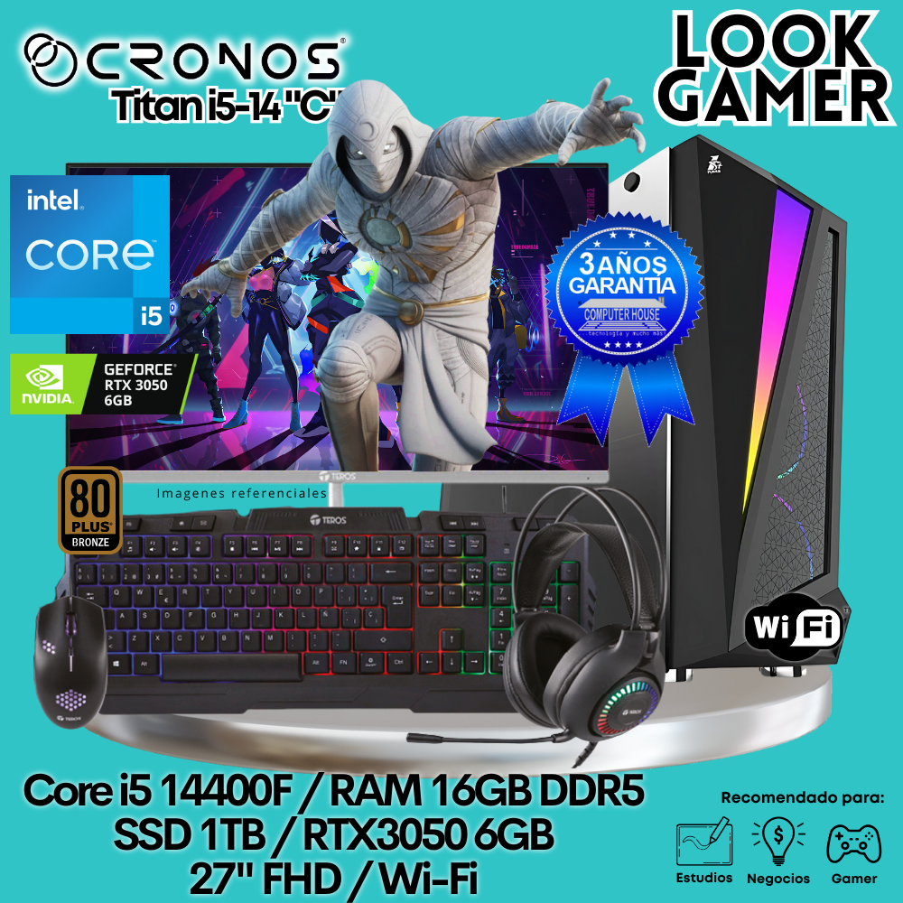PC Look Gamer CRONOS Titan i5-14 "D", RAM 16GB DDR5, SSD 1TB, RTX3050 6GB, Monitor 27″ FHD, Wi-Fi.