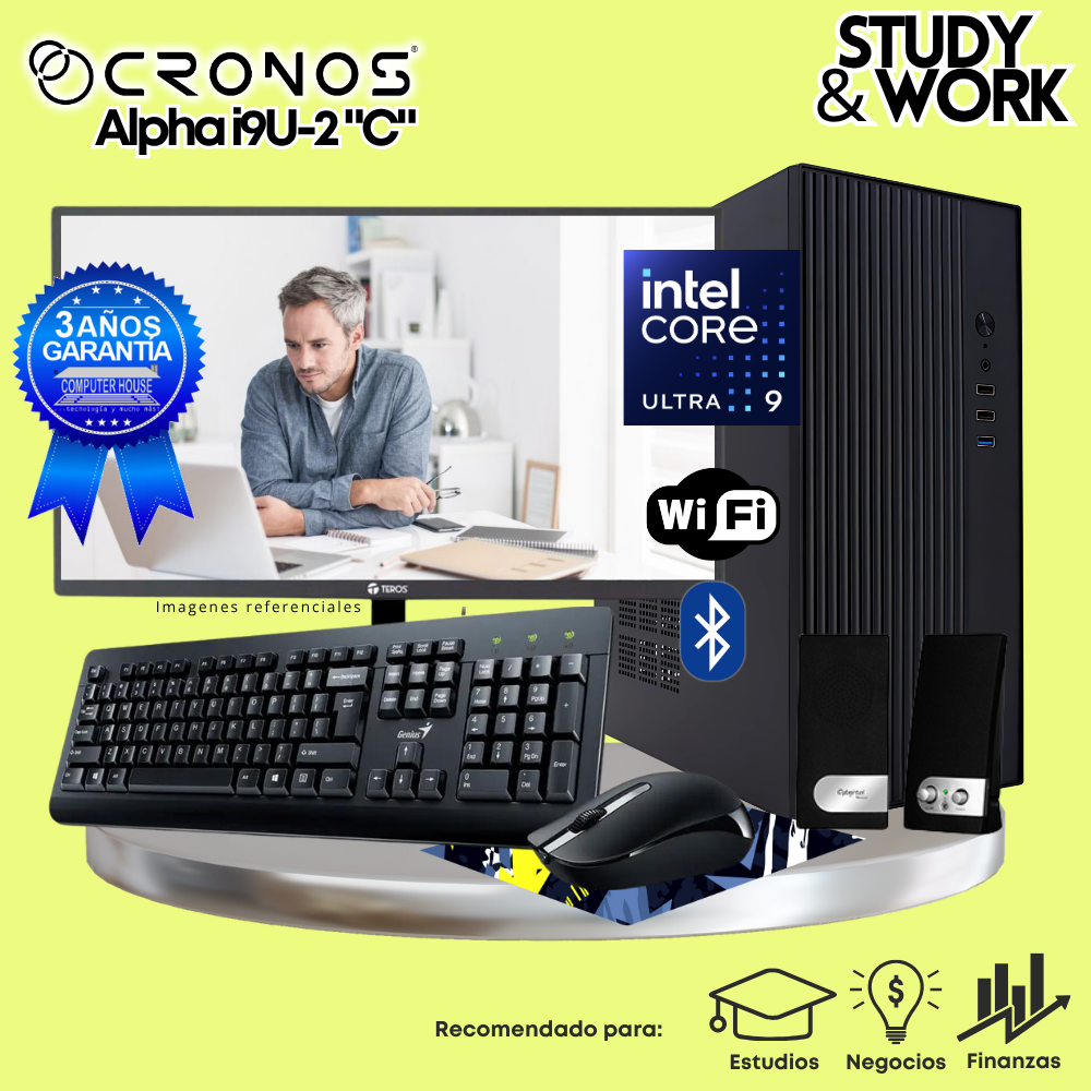 PC CRONOS Alpha U9-2 "C", RAM 16GB DDR5, SSD 1TB, Monitor 27″ FHD, Wi-Fi & Bluetooth, Kit Teclado + Mouse, Parlantes o Audífono.