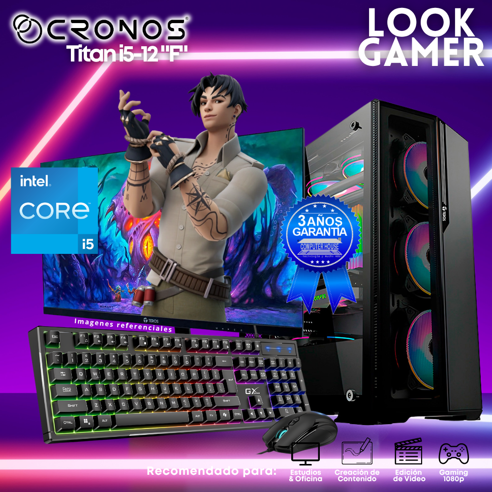 PC Look Gamer CRONOS Titan i5-12 "F", RAM 16GB, SSD 500GB, Monitor 24″ FHD.