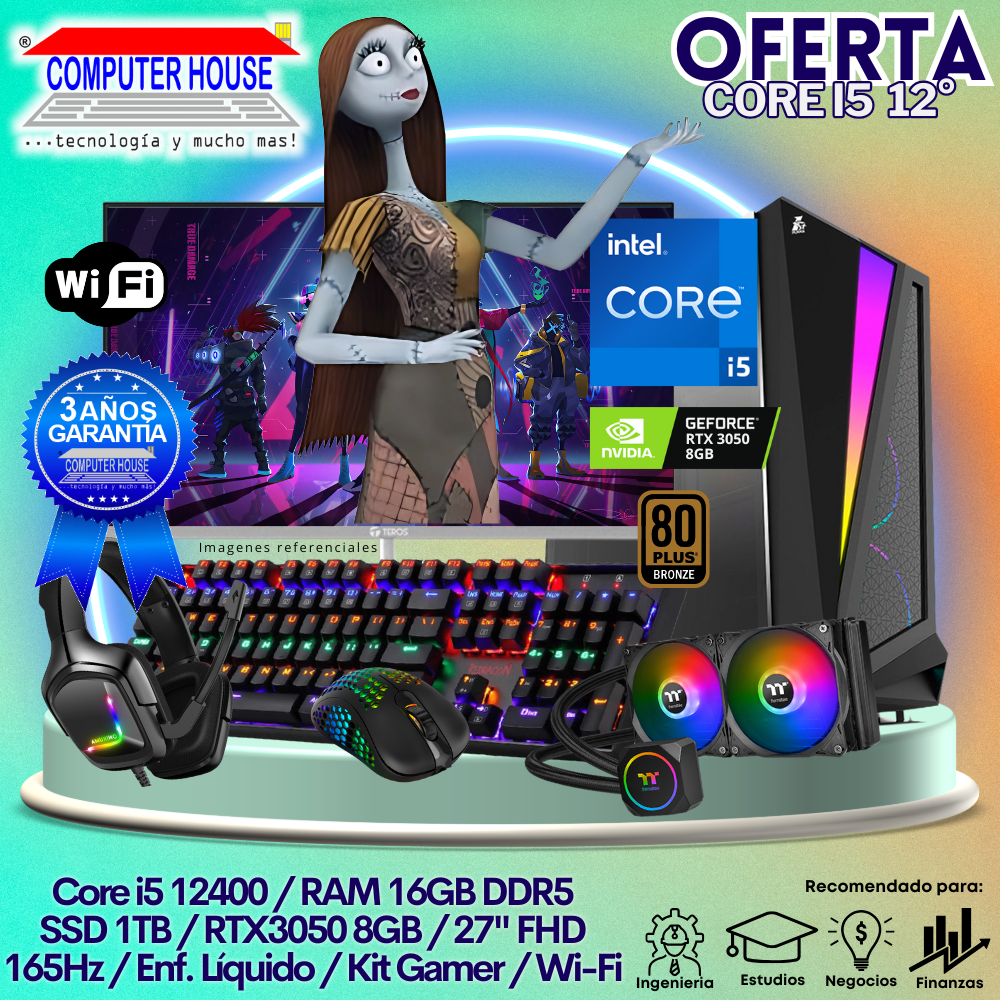 OFERTA: Xtreme Core i5-12400F, RAM 16GB DDR5, SSD 1TB, Video RTX3050 8GB, Wi-Fi, Enfriamiento Líquido, Monitor 27″ FHD 165Hz, Kit Gamer.