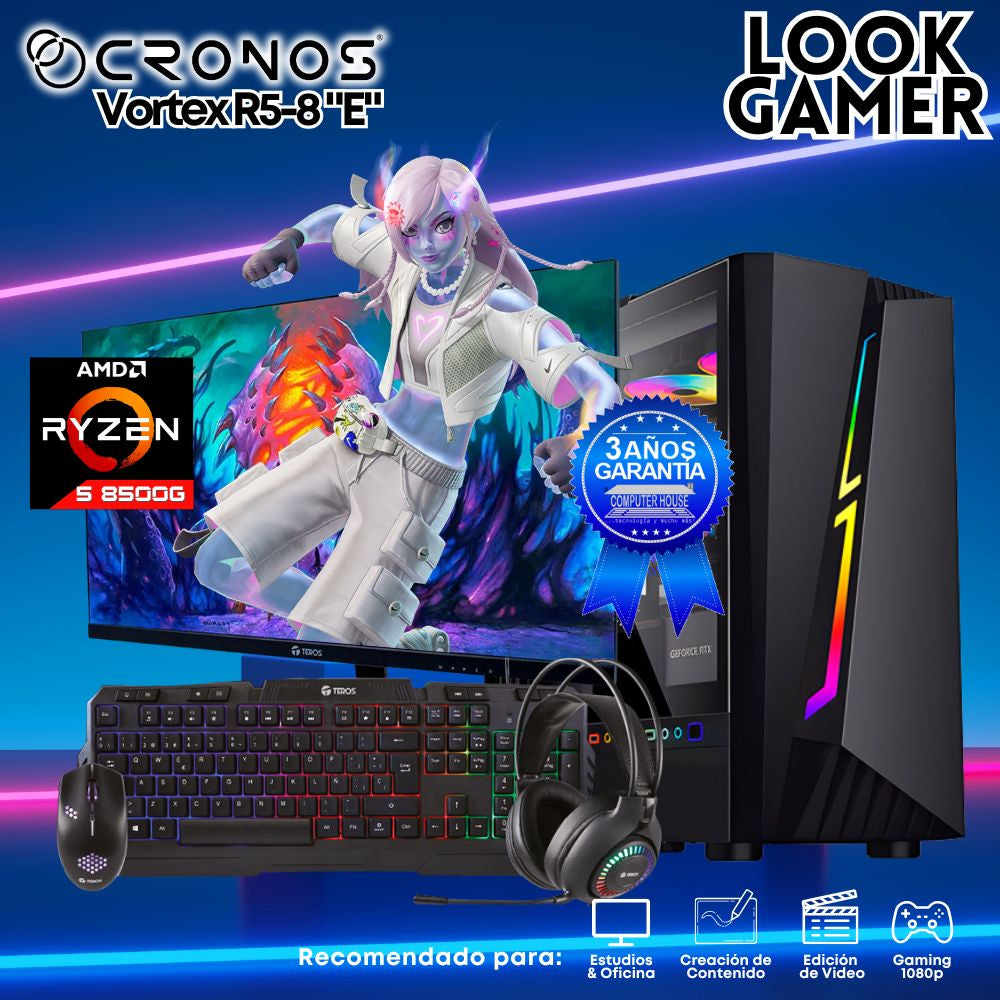 PC Look Gamer CRONOS Vortex R5-8 "E", RAM 16GB, SSD 500GB, Monitor 24″ FHD.
