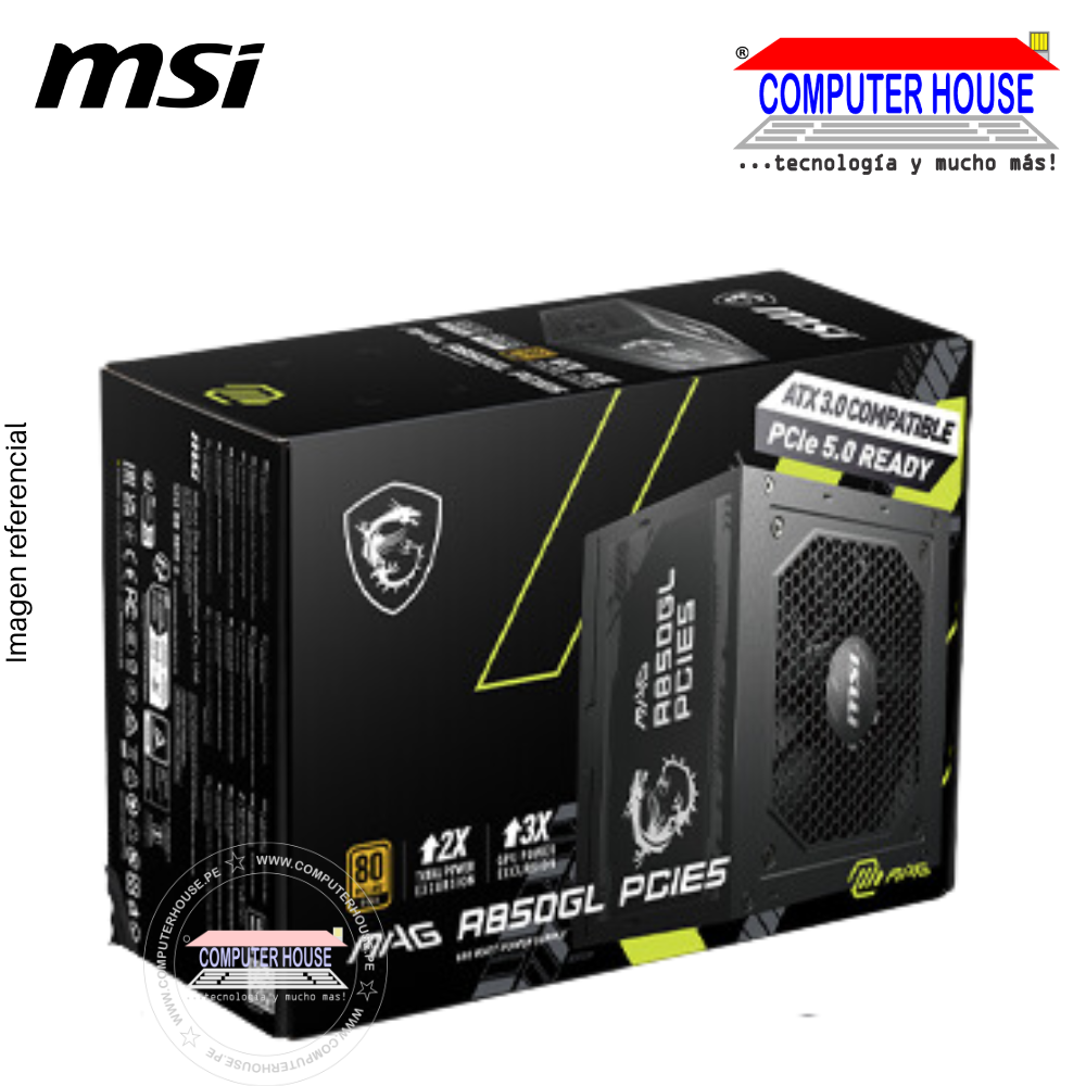 MSI  Fuente de alimentación MAG A850GL PCIE5, 850W, 80 PLUS Gold, Formato ATX.