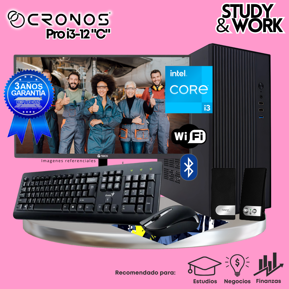 PC CRONOS Pro i3-12 "C", RAM 8GB, SSD 1TB, Monitor 24″ FHD, Wi-Fi & Bluetooth, Kit Teclado + Mouse, Parlantes o Audífono.