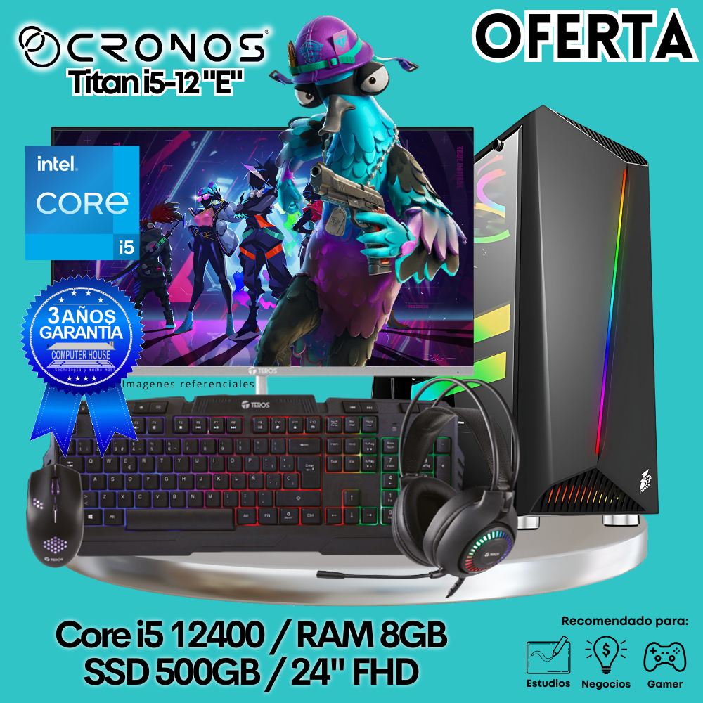 OFERTA: PC Look Gamer CRONOS Titan i5-12  "E", RAM 8GB, SSD 500GB, Monitor 24″ FHD.