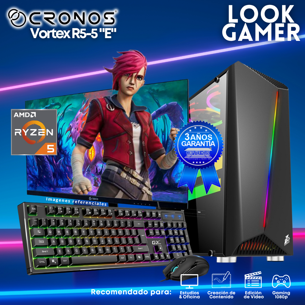 PC Look Gamer CRONOS Vortex R5-5 "E", RAM 8GB, SSD 500GB, Monitor 24″ FHD.